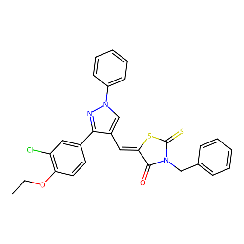 (5Z)-3-benzyl-5-{[3-(3-chloro-4-ethoxyphenyl)-1-phenyl-1H-pyrazol-4-yl]methylidene}-2-thioxo-1,3-thiazolidin-4-one structure