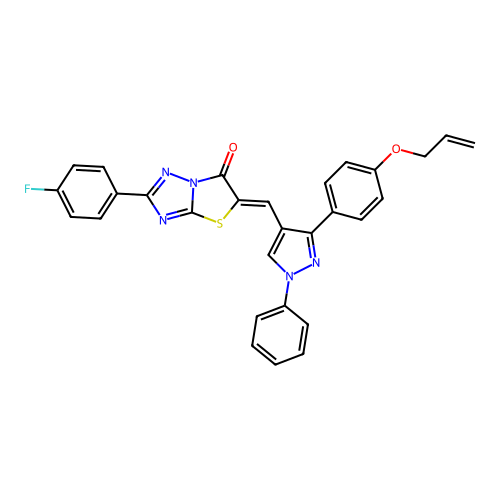 (5Z)-2-(4-fluorophenyl)-5-({1-phenyl-3-[4-(prop-2-en-1-yloxy)phenyl]-1H-pyrazol-4-yl}methylidene)[1,3]thiazolo[3,2-b][1,2,4]triazol-6(5H)-one structure