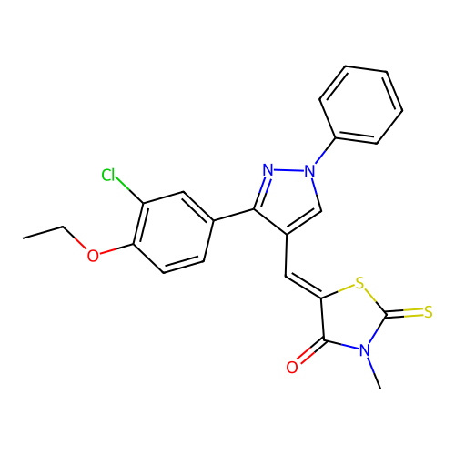 (5Z)-5-{[3-(3-chloro-4-ethoxyphenyl)-1-phenyl-1H-pyrazol-4-yl]methylidene}-3-methyl-2-thioxo-1,3-thiazolidin-4-one structure