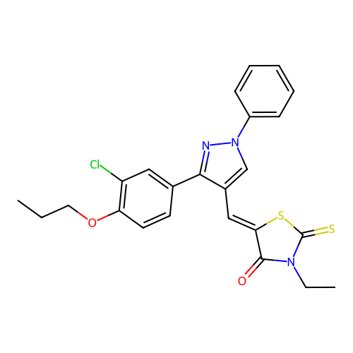 (5Z)-5-{[3-(3-chloro-4-propoxyphenyl)-1-phenyl-1H-pyrazol-4-yl]methylidene}-3-ethyl-2-thioxo-1,3-thiazolidin-4-one structure