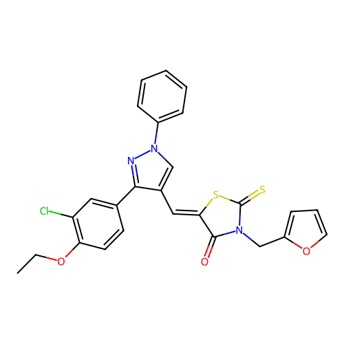 (5Z)-5-{[3-(3-chloro-4-ethoxyphenyl)-1-phenyl-1H-pyrazol-4-yl]methylidene}-3-(furan-2-ylmethyl)-2-thioxo-1,3-thiazolidin-4-one structure
