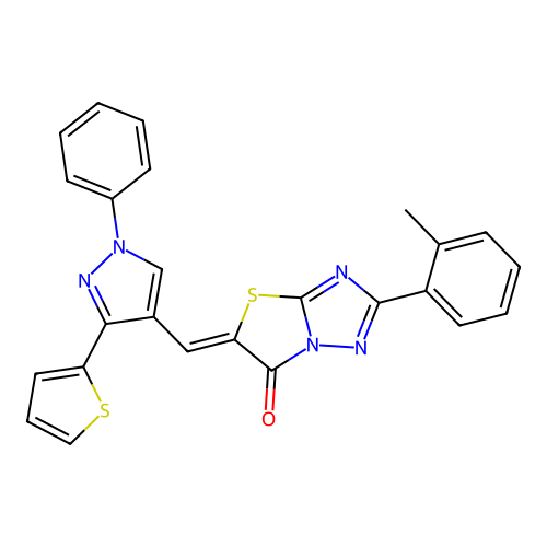 (5Z)-2-(2-methylphenyl)-5-[(1-phenyl-3-thien-2-yl-1H-pyrazol-4-yl)methylene][1,3]thiazolo[3,2-b][1,2,4]triazol-6(5H)-one structure