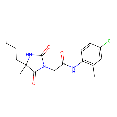 2-(4-butyl-4-methyl-2,5-dioxoimidazolidin-1-yl)-N-(4-chloro-2-methylphenyl)acetamide structure