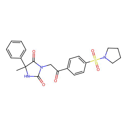 5-Methyl-3-[2-oxo-2-[4-(1-pyrrolidinylsulfonyl)phenyl]ethyl]-5-phenyl-2,4-imidazolidinedione structure