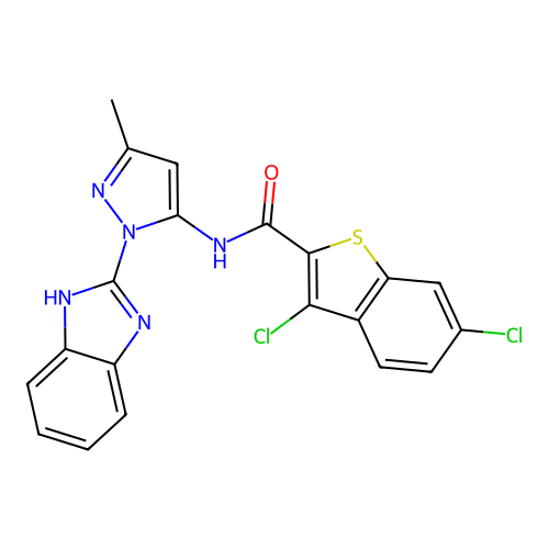 N-(1-(1H-benzo[d]imidazol-2-yl)-3-methyl-1H-pyrazol-5-yl)-3,6-dichlorobenzo[b]thiophene-2-carboxamide structure