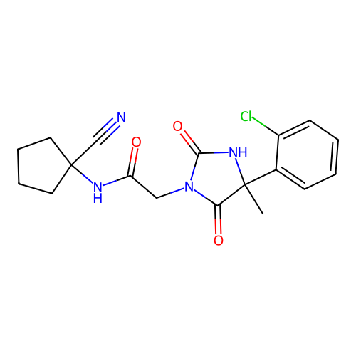 2-[4-(2-chlorophenyl)-4-methyl-2,5-dioxoimidazolidin-1-yl]-N-(1-cyanocyclopentyl)acetamide structure