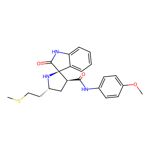 (2'R,3'S,5'R)-N-(4-methoxyphenyl)-5'-(2-(methylthio)ethyl)-2-oxospiro[indoline-3,2'-pyrrolidine]-3'-carboxamide structure