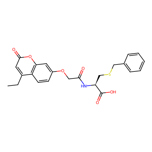 (R)-3-(benzylthio)-2-(2-((4-ethyl-2-oxo-2H-chromen-7-yl)oxy)acetamido)propanoic acid structure