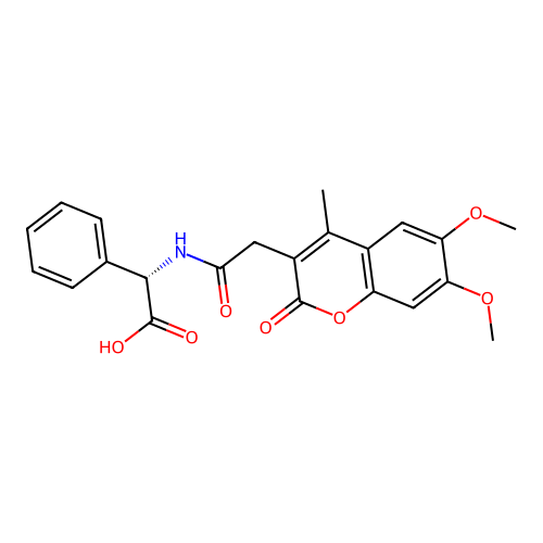 (S)-2-(2-(6,7-dimethoxy-4-methyl-2-oxo-2H-chromen-3-yl)acetamido)-2-phenylacetic acid structure