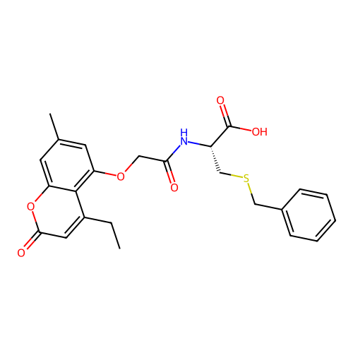 (R)-3-(benzylthio)-2-(2-((4-ethyl-7-methyl-2-oxo-2H-chromen-5-yl)oxy)acetamido)propanoic acid structure