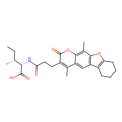 (2S,3R)-2-(3-(4,11-dimethyl-2-oxo-6,7,8,9-tetrahydro-2H-benzofuro[3,2-g]chromen-3-yl)propanamido)-3-methylpentanoic acid structure