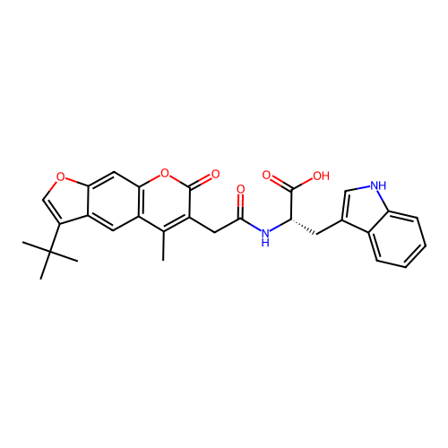 (S)-2-(2-(3-(tert-butyl)-5-methyl-7-oxo-7H-furo[3,2-g]chromen-6-yl)acetamido)-3-(1H-indol-3-yl)propanoic acid structure