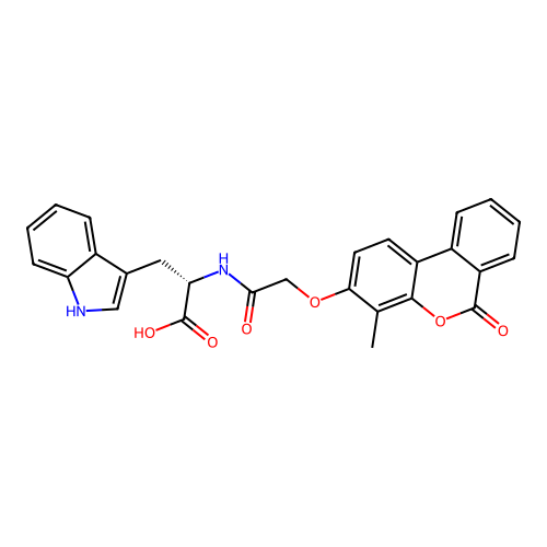 (2S)-3-(1H-indol-3-yl)-2-[[2-(4-methyl-6-oxobenzo[c]chromen-3-yl)oxyacetyl]amino]propanoic acid structure