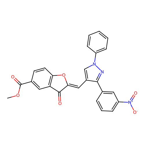 (Z)-methyl 2-((3-(3-nitrophenyl)-1-phenyl-1H-pyrazol-4-yl)methylene)-3-oxo-2,3-dihydrobenzofuran-5-carboxylate structure