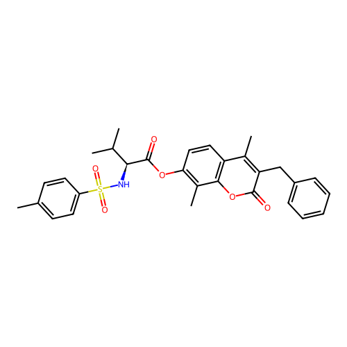 (S)-3-benzyl-4,8-dimethyl-2-oxo-2H-chromen-7-yl 3-methyl-2-(4-methylphenylsulfonamido)butanoate structure