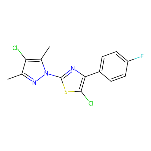 5-chloro-2-(4-chloro-3,5-dimethyl-1H-pyrazol-1-yl)-4-(4-fluorophenyl)-1,3-thiazole structure
