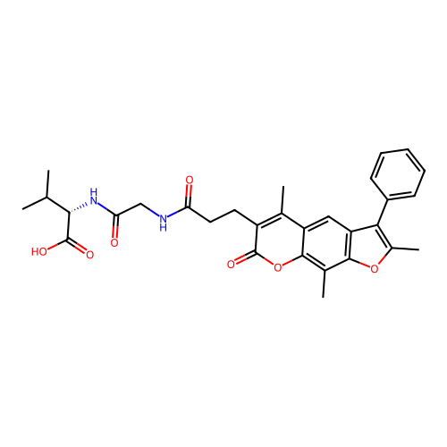 (S)-3-methyl-2-(2-(3-(2,5,9-trimethyl-7-oxo-3-phenyl-7H-furo[3,2-g]chromen-6-yl)propanamido)acetamido)butanoic acid structure