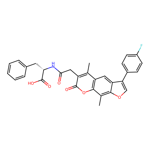 (2S)-2-[[2-[3-(4-fluorophenyl)-5,9-dimethyl-7-oxofuro[3,2-g]chromen-6-yl]acetyl]amino]-3-phenylpropanoic acid structure