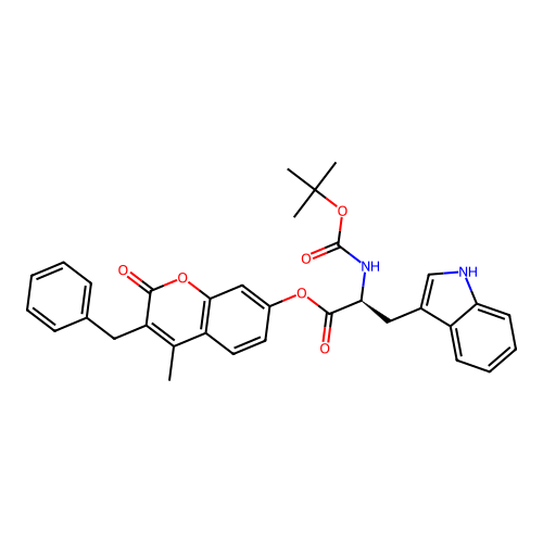 (S)-3-benzyl-4-methyl-2-oxo-2H-chromen-7-yl 2-((tert-butoxycarbonyl)amino)-3-(1H-indol-3-yl)propanoate structure