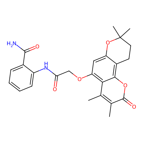 2-(2-((3,4,8,8-tetramethyl-2-oxo-2,8,9,10-tetrahydropyrano[2,3-f]chromen-5-yl)oxy)acetamido)benzamide structure