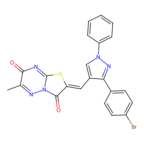 (2Z)-2-{[3-(4-bromophenyl)-1-phenyl-1H-pyrazol-4-yl]methylidene}-6-methyl-7H-[1,3]thiazolo[3,2-b][1,2,4]triazine-3,7(2H)-dione structure