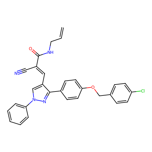 (2E)-3-(3-{4-[(4-chlorobenzyl)oxy]phenyl}-1-phenyl-1H-pyrazol-4-yl)-2-cyano-N-(prop-2-en-1-yl)prop-2-enamide structure