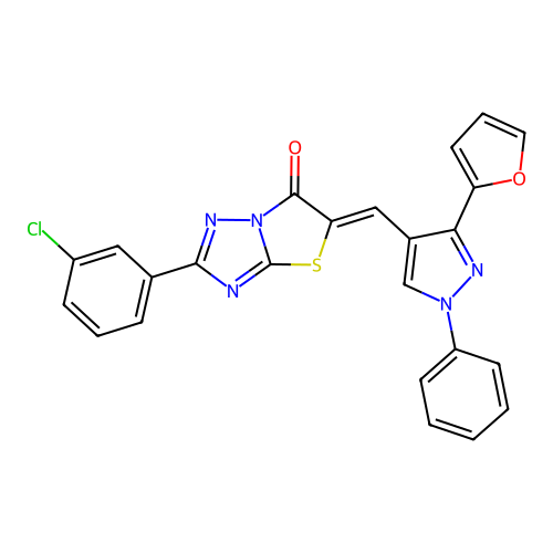 (Z)-2-(3-chlorophenyl)-5-((3-(furan-2-yl)-1-phenyl-1H-pyrazol-4-yl)methylene)thiazolo[3,2-b][1,2,4]triazol-6(5H)-one structure