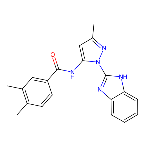 N-[1-(1H-benzimidazol-2-yl)-3-methyl-1H-pyrazol-5-yl]-3,4-dimethylbenzamide structure