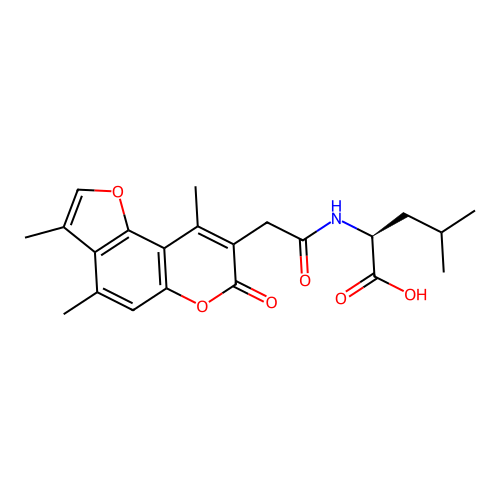 N-[(3,4,9-trimethyl-7-oxo-7H-furo[2,3-f]chromen-8-yl)acetyl]-L-leucine structure