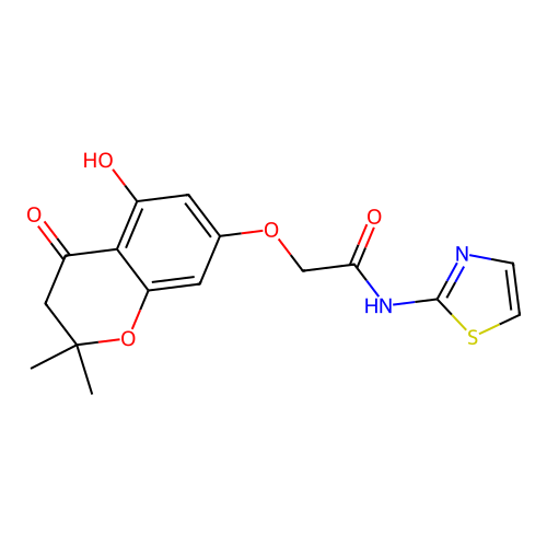2-((5-hydroxy-2,2-dimethyl-4-oxochroman-7-yl)oxy)-N-(thiazol-2-yl)acetamide structure