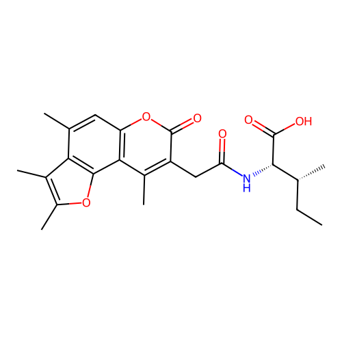 N-[(2,3,4,9-tetramethyl-7-oxo-7H-furo[2,3-f]chromen-8-yl)acetyl]-L-isoleucine structure