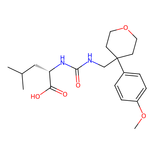 N-({[4-(4-methoxyphenyl)tetrahydro-2H-pyran-4-yl]methyl}carbamoyl)-L-leucine structure