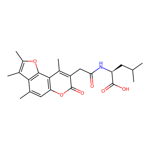 N-[(2,3,4,9-tetramethyl-7-oxo-7H-furo[2,3-f]chromen-8-yl)acetyl]-L-leucine structure