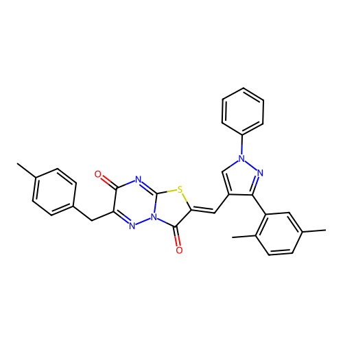 (2Z)-2-{[3-(2,5-dimethylphenyl)-1-phenyl-1H-pyrazol-4-yl]methylidene}-6-(4-methylbenzyl)-7H-[1,3]thiazolo[3,2-b][1,2,4]triazine-3,7(2H)-dione structure
