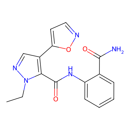 N-(2-carbamoylphenyl)-2-ethyl-4-(1,2-oxazol-5-yl)pyrazole-3-carboxamide structure