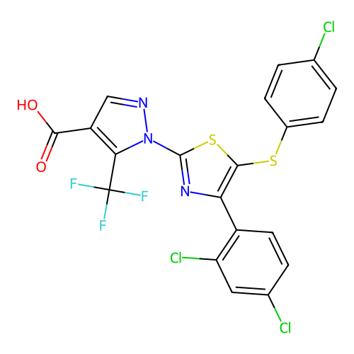 1-[5-[(4-chlorophenyl)sulfanyl]-4-(2,4-dichlorophenyl)-1,3-thiazol-2-yl]-5-(trifluoromethyl)-1H-pyrazole-4-carboxylic acid structure