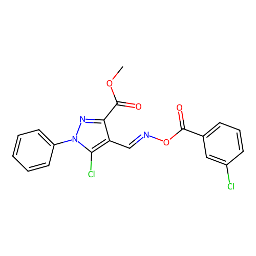 methyl 5-chloro-4-({[(3-chlorobenzoyl)oxy]imino}methyl)-1-phenyl-1H-pyrazole-3-carboxylate structure