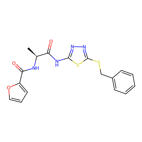 N-[(2S)-1-[(5-benzylsulfanyl-1,3,4-thiadiazol-2-yl)amino]-1-oxopropan-2-yl]furan-2-carboxamide structure