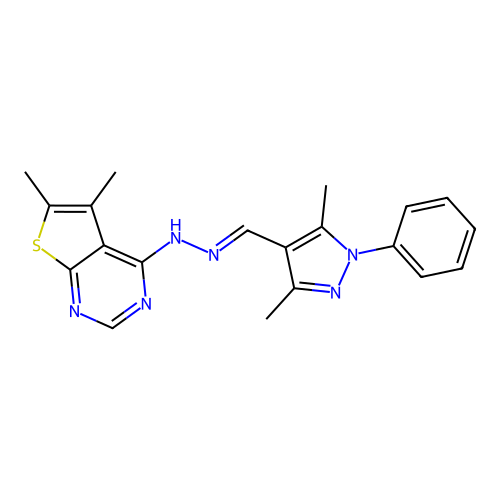 (E)-4-(2-((3,5-dimethyl-1-phenyl-1H-pyrazol-4-yl)methylene)hydrazinyl)-5,6-dimethylthieno[2,3-d]pyrimidine structure