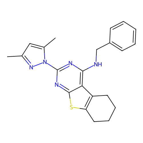 N-benzyl-2-(3,5-dimethyl-1H-pyrazol-1-yl)-5,6,7,8-tetrahydro[1]benzothieno[2,3-d]pyrimidin-4-amine structure