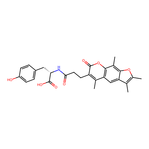 (S)-3-(4-hydroxyphenyl)-2-(3-(2,3,5,9-tetramethyl-7-oxo-7H-furo[3,2-g]chromen-6-yl)propanamido)propanoic acid structure