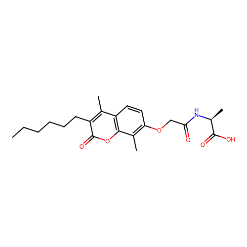 N-{[(3-hexyl-4,8-dimethyl-2-oxo-2H-chromen-7-yl)oxy]acetyl}-L-alanine structure