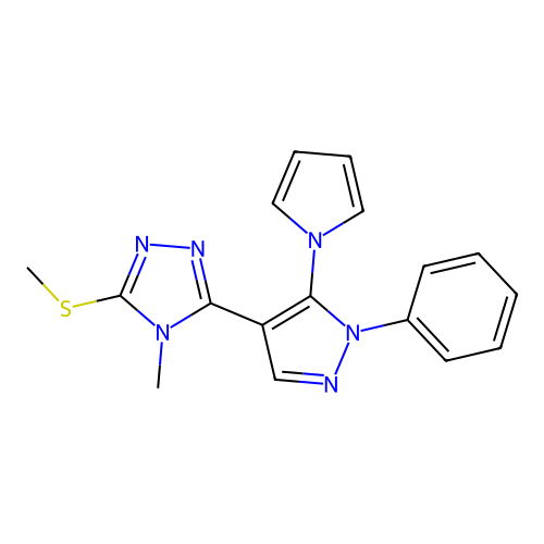 4-methyl-3-(methylsulfanyl)-5-[1-phenyl-5-(1H-pyrrol-1-yl)-1H-pyrazol-4-yl]-4H-1,2,4-triazole structure