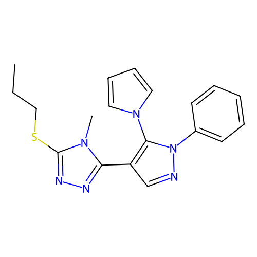 4-methyl-3-[1-phenyl-5-(1H-pyrrol-1-yl)-1H-pyrazol-4-yl]-5-(propylsulfanyl)-4H-1,2,4-triazole structure