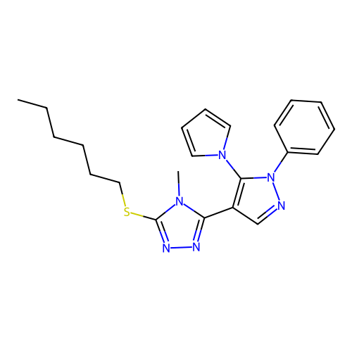 hexyl 4-methyl-5-[1-phenyl-5-(1H-pyrrol-1-yl)-1H-pyrazol-4-yl]-4H-1,2,4-triazol-3-yl sulfide structure