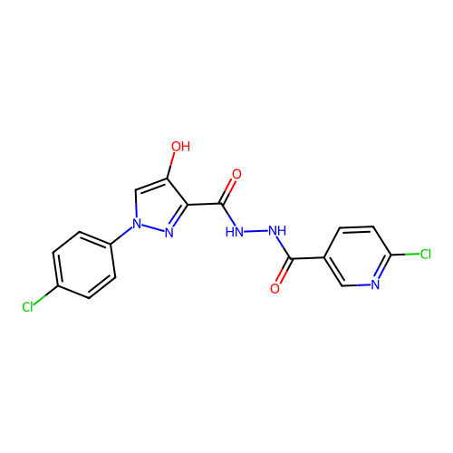 6-chloro-N'-[1-(4-chlorophenyl)-4-hydroxy-1H-pyrazole-3-carbonyl]pyridine-3-carbohydrazide structure