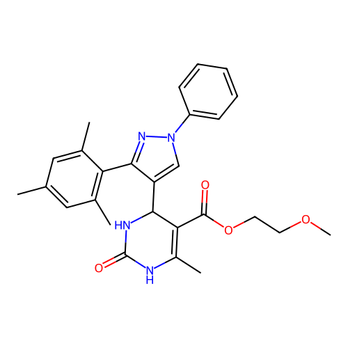 2-methoxyethyl 6-methyl-2-oxo-4-[1-phenyl-3-(2,4,6-trimethylphenyl)-1H-pyrazol-4-yl]-1,2,3,4-tetrahydropyrimidine-5-carboxylate structure