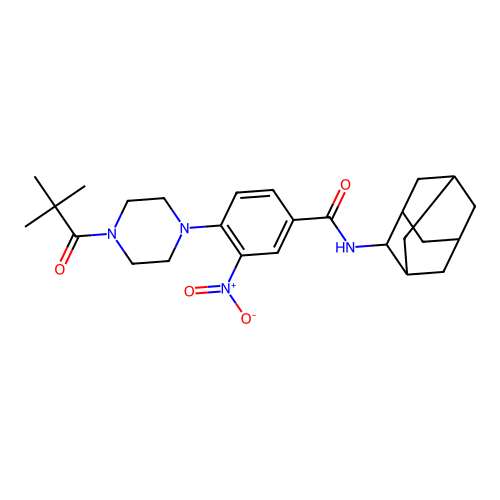N-(2-adamantyl)-4-[4-(2,2-dimethylpropanoyl)piperazin-1-yl]-3-nitrobenzamide structure