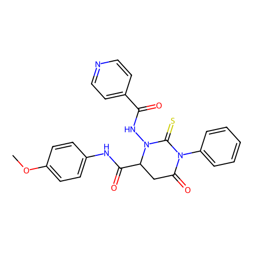 N-(4-methoxyphenyl)-6-oxo-1-phenyl-3-[(pyridin-4-ylcarbonyl)amino]-2-thioxohexahydropyrimidine-4-carboxamide structure