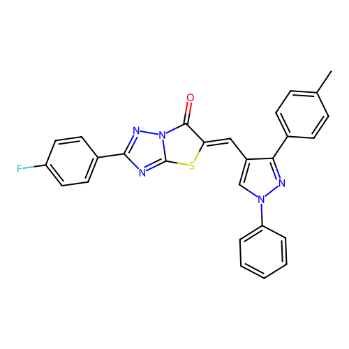 (5Z)-2-(4-fluorophenyl)-5-{[3-(4-methylphenyl)-1-phenyl-1H-pyrazol-4-yl]methylidene}[1,3]thiazolo[3,2-b][1,2,4]triazol-6(5H)-one structure